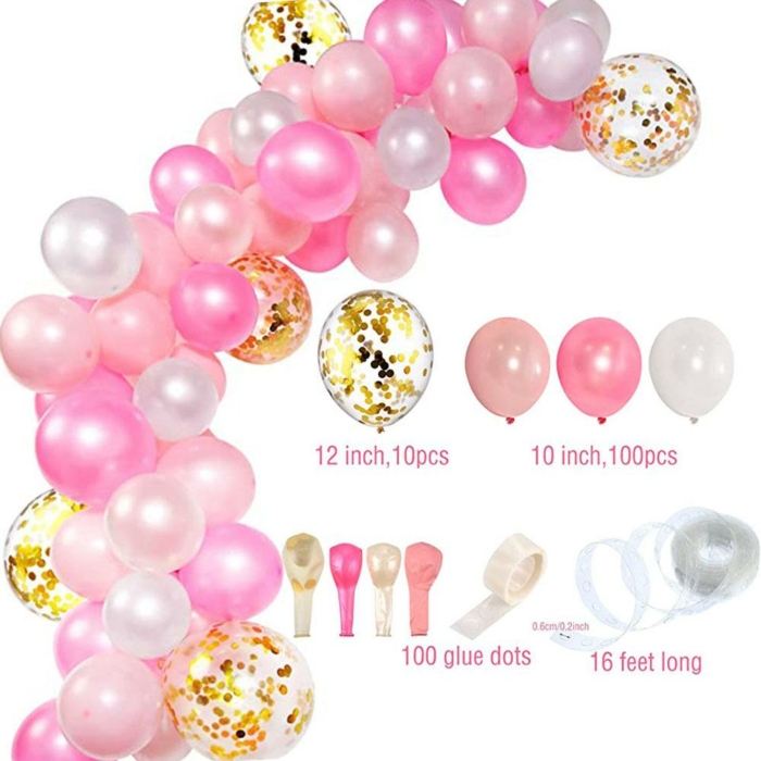 Ballongbåge Rosa & Guld – 112 LatexBallonger med Limprickar och Monteringsremsa