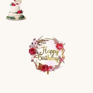 Happy Birthday - Cake Topper Guld med blommor