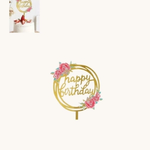 Happy Birthday - Cake Topper Guld med blommor