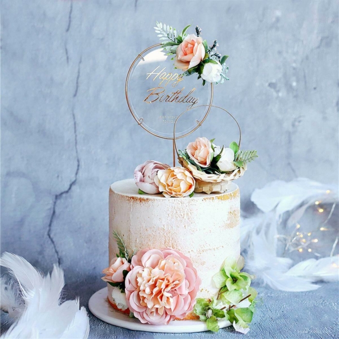 Happy Birthday- Cake Topper Guld/Vit med blommor