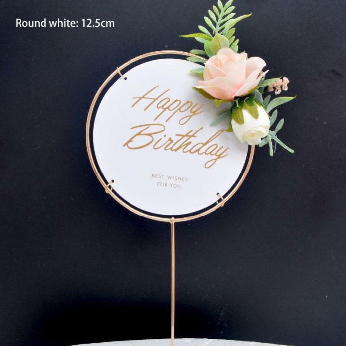 Happy Birthday- Cake Topper Guld/Vit med blommor