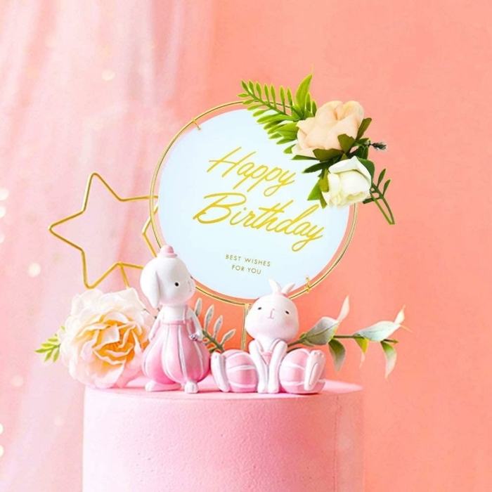 Happy Birthday- Cake Topper Guld/Vit med blommor