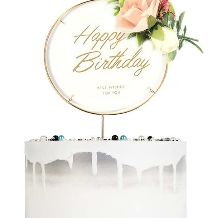 Happy Birthday- Cake Topper Guld/Vit med blommor