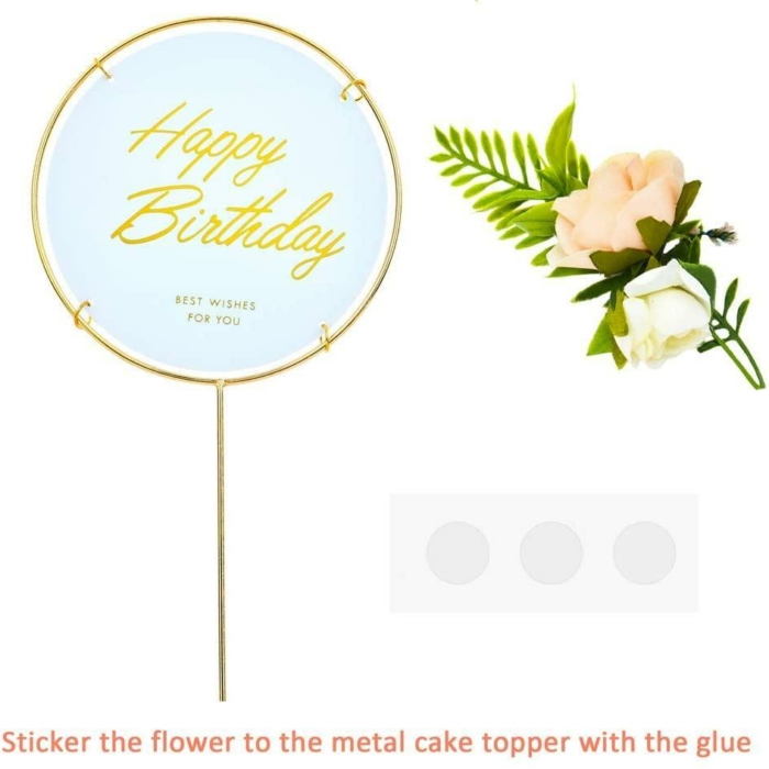 Happy Birthday- Cake Topper Guld/Vit med blommor