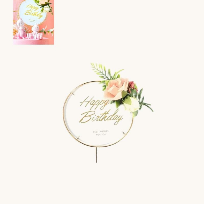 Happy Birthday- Cake Topper Guld/Vit med blommor