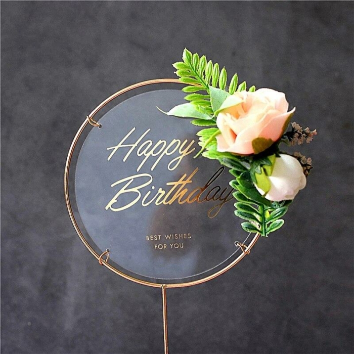 Happy Birthday- Cake Topper Guld/Vit med blommor