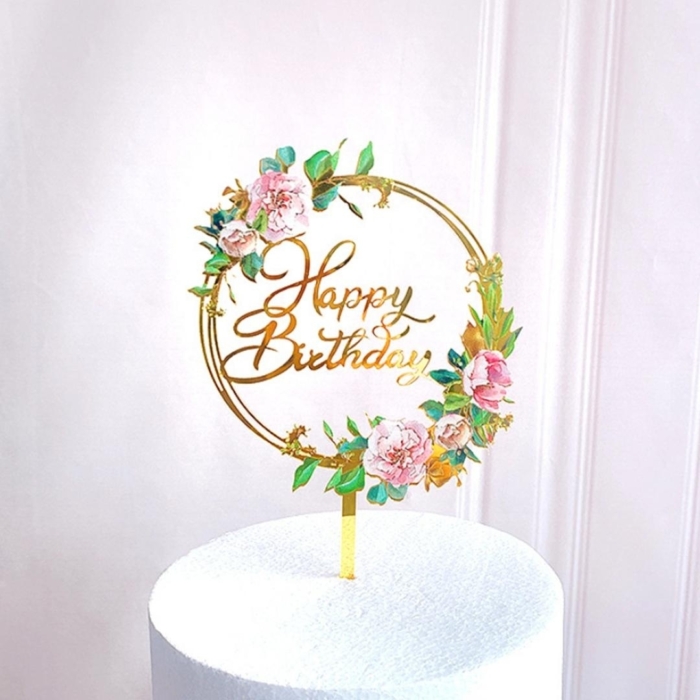 Happy Birthday - Cake Topper Guld med blommor