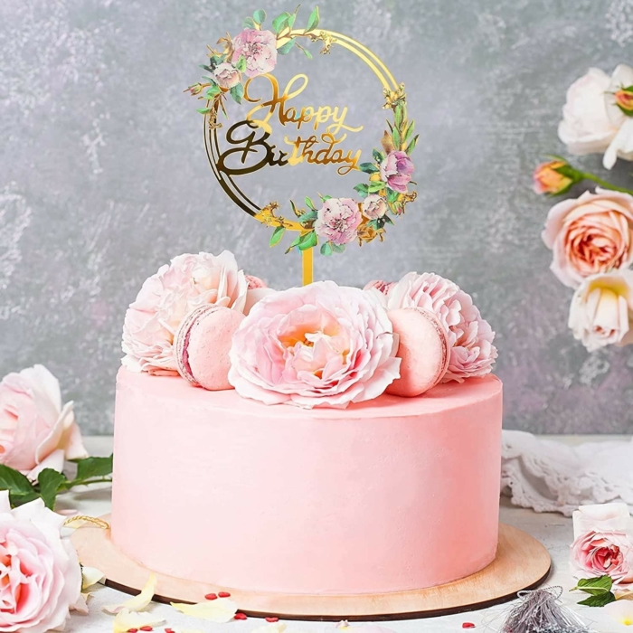 Happy Birthday - Cake Topper Guld med blommor