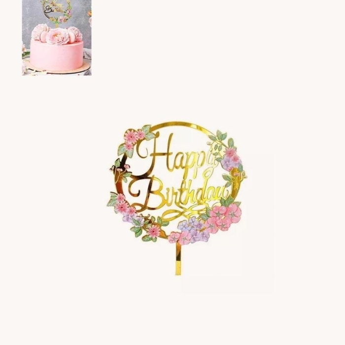 Happy Birthday - Cake Topper Guld med blommor